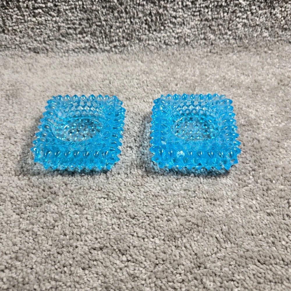 Vintage Hobnail Glass Candle Holder Set Turquoise Blue Square Votive Pair